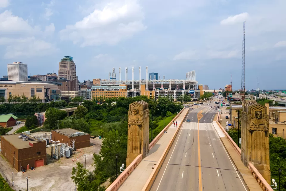 Aerial view of Cleveland bridge with art deco 'Cleveland Guardians' statues